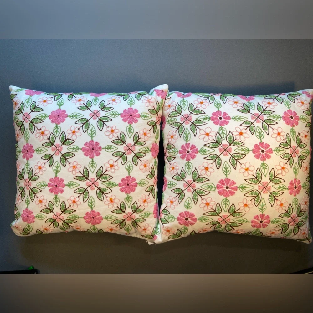 Pink and Green Pillow Embroidered Floral,  Pottery Barn Teen, 16” x‎ 16” square